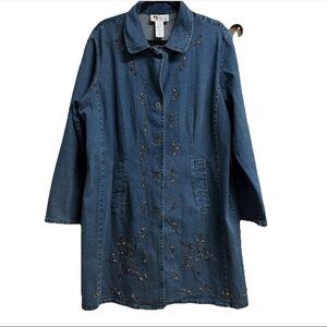Vintage Cottage Core Embellished Embroidery blue Denim dress Jacket Women Sz 1X